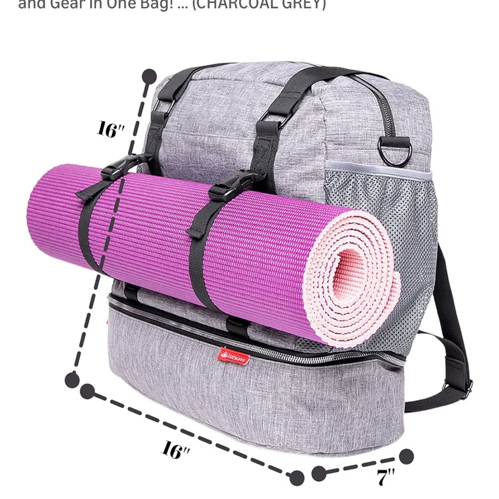 Amazon Gray Travel Backpack with Black Straps and Pink Yoga Mat